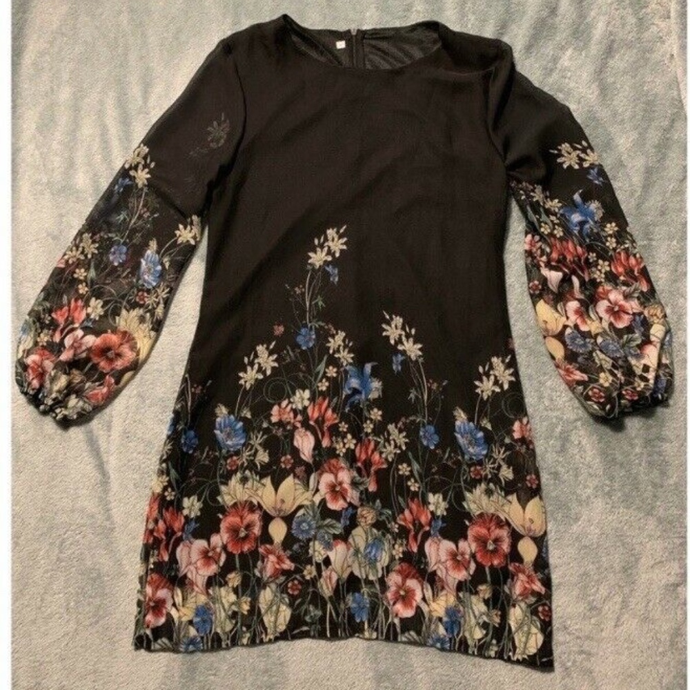 Long Sleeve Floral Black Dress Medium